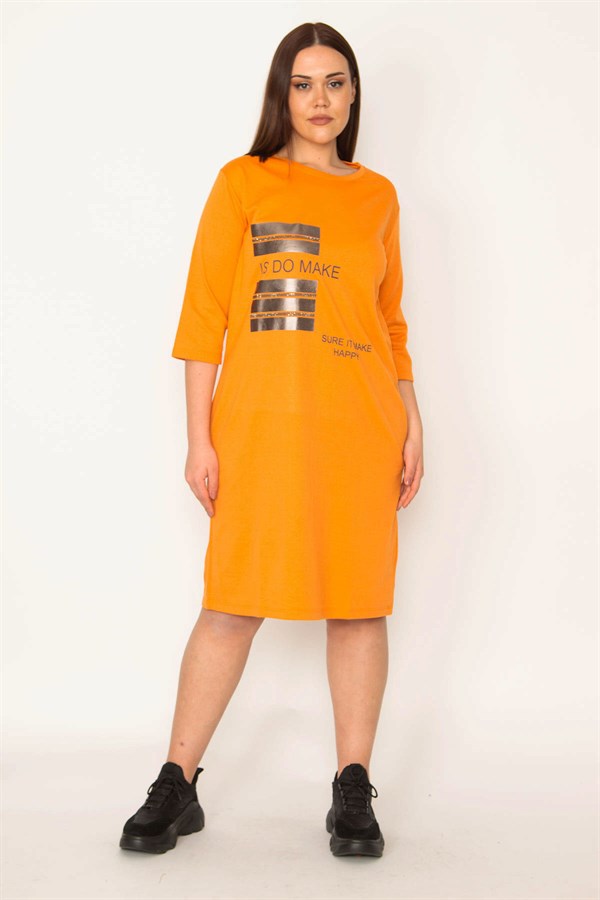 KADIN ORANJ TAŞ VE LAK DETAYLI ELBİSE
