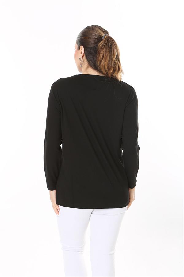 Kadın Büyük Beden Siyah Aplike Dantel Ve Taş Detaylı Uzun Kollu Bluz 65N37688