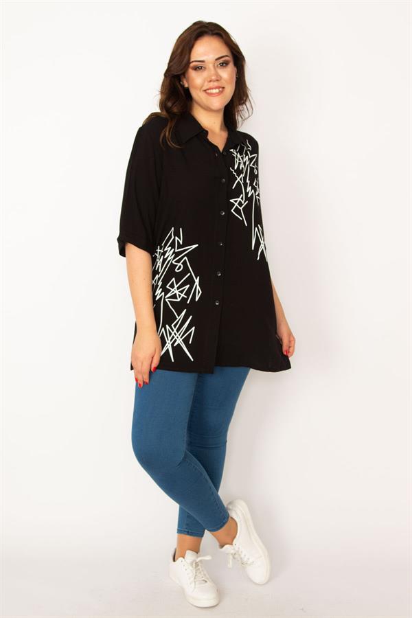 Kadın Mor Ön Düğmeli Baskı Detaylı Dokuma Viskon Kumaş Gömlek 65N33535