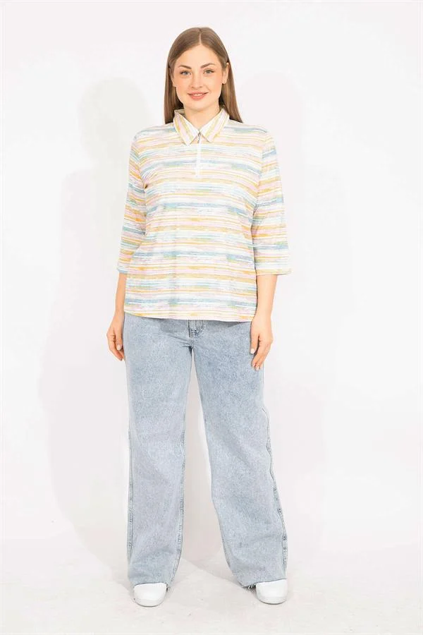 Kadın Renkli Büyük Beden Pamuklu Kumaş Ön Pat Fermuarlı Renkli Bluz 65N35570