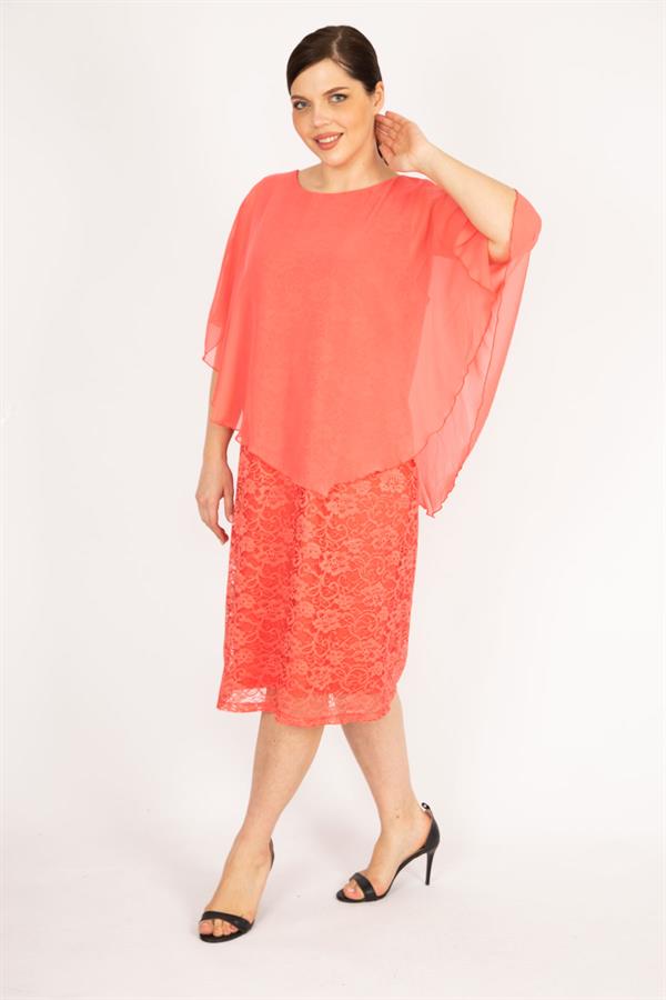 Kadın Lacivert Büyük Beden Şifon Pelerinli Astarlı Dantel Elbise