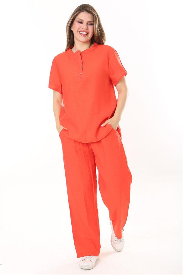 Kadın Büyük Beden Nar Ön Pat Düğmeli Tunik Ve Pantolon İkili Takım 65N37879
