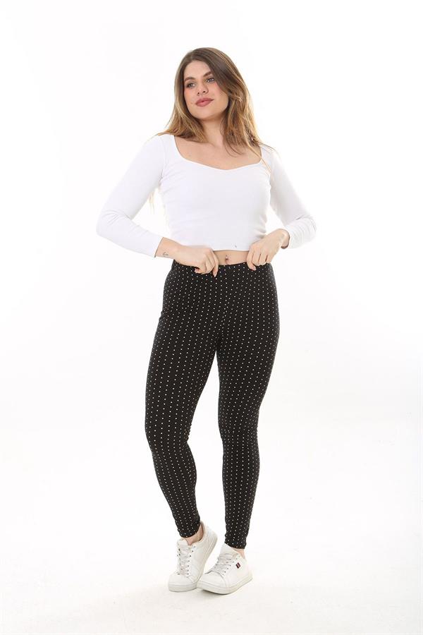 Kadın Büyük Beden Siyah Pamuk Kumaş Puan Desenli Tayt 65N37654