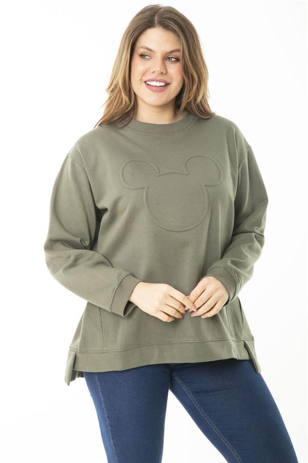 Women's Plus Size Khaki Ribbed Slit Sweatshirt 65N37177