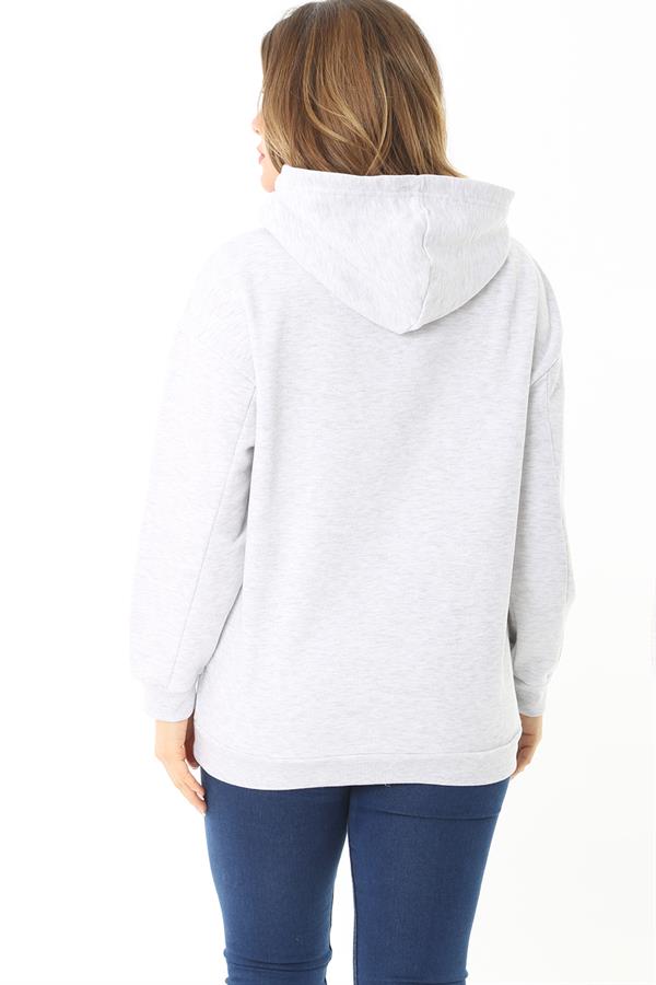 Women's Plus Size Gray Inside Raised 3 Thread Embroidery Detailed Hooded Sweatshirt 65N37126