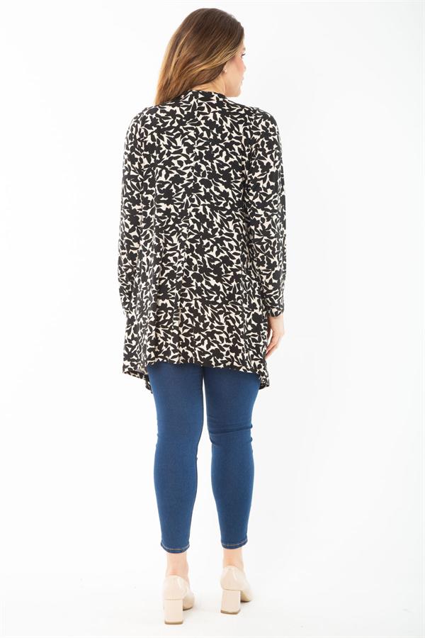 Kadın Büyük Beden Siyah Uzun Kollu Desenli Viskon Hırka 65N37429