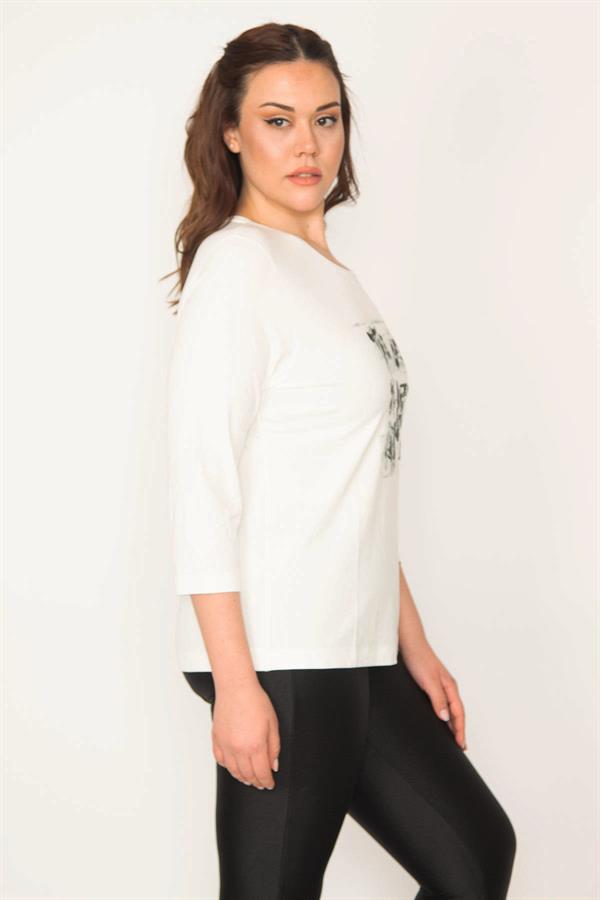 Kadın Kemik Büyük Beden Sim Baskılı Kapri Kol Likralı Bluz 65N35706