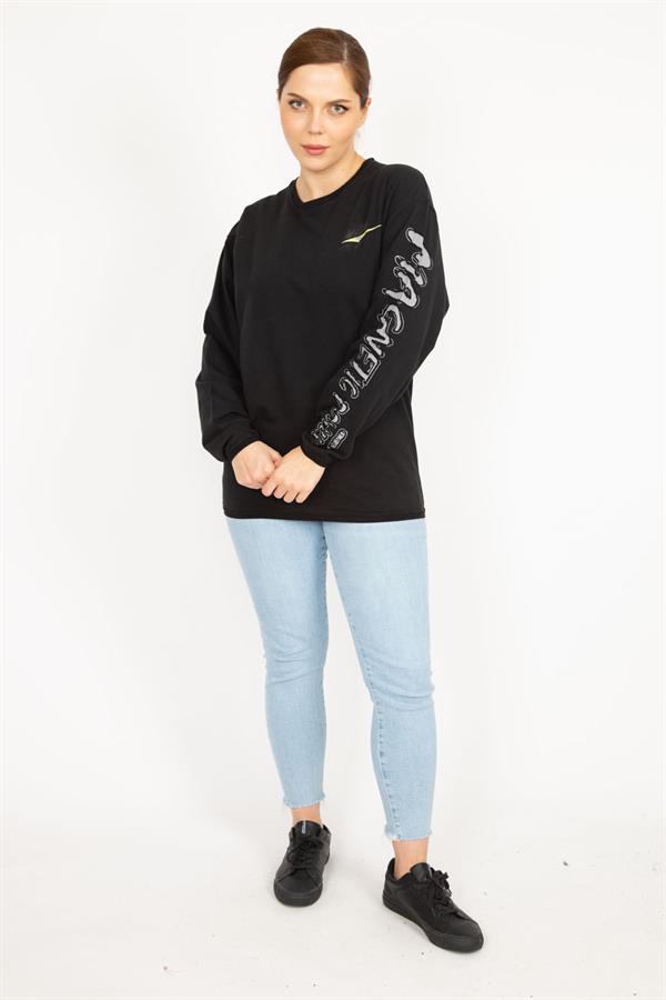 Kadın Siyah Büyük Beden Pamuklu Kumaş Kol Detaylı Sweatshirt
