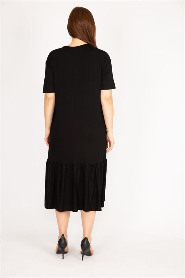 Kadın Saks Büyük Beden Nakış Detaylı V Yaka Yan Cepli Elbise