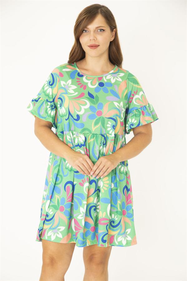 Kadın Büyük Beden Yeşil Bisiklet Yakalı Belden Büzgü Ve Kolları Volan Detaylı Tunik Elbise 65N36881