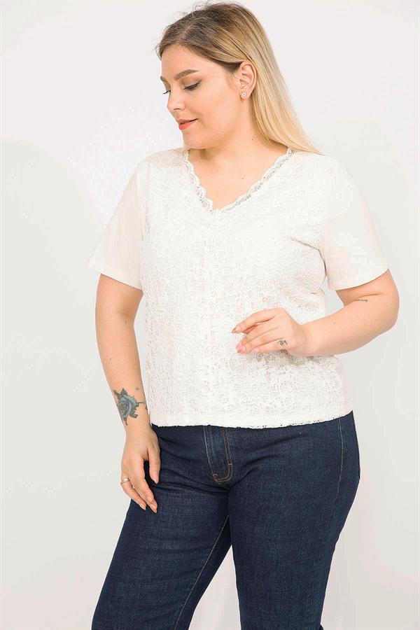 Kadın Kemik Büyük Beden Pamuklu Kumaş Önü Astarlı Dantel Bluz 65N35791