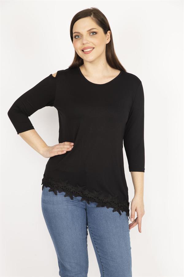 Kadın Siyah Büyük Beden Tek Omuz Dekolteli Etek Ucu Dantel Bluz