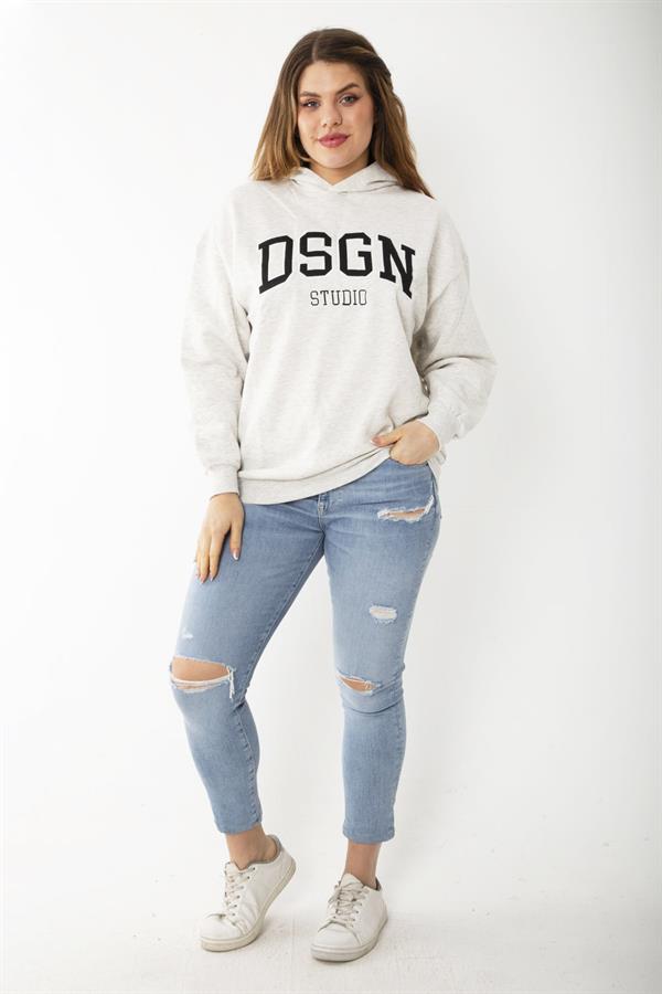 Kadın Büyük Beden Gri İçi Şardonlu Nakış Ve Kapşon Detaylı Sweatshirt 65N37208