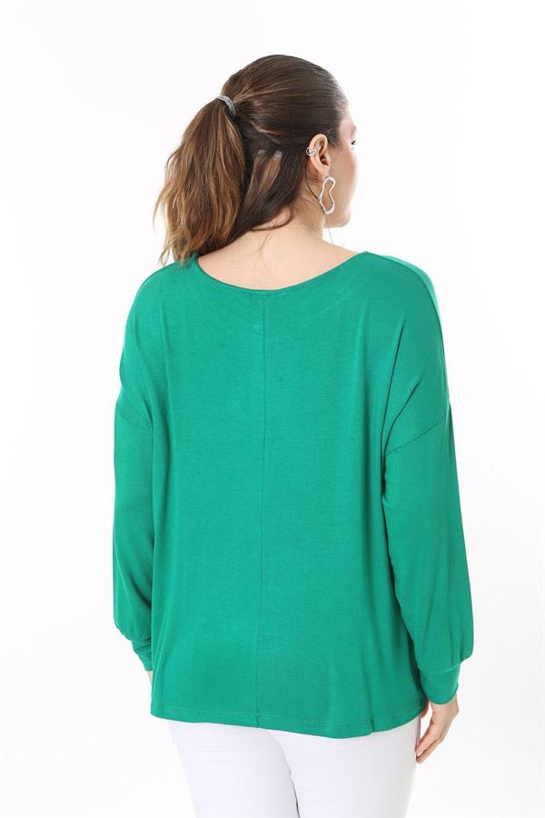 Kadın Büyük Beden Saks Önden Bağlamalı Uzun Kollu Bluz 65N37695