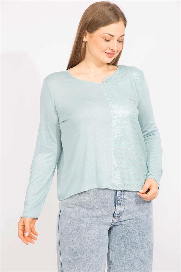 Kadın Yeşil Büyük Beden Sim Ve Baskı Detaylı Bluz 65N35568