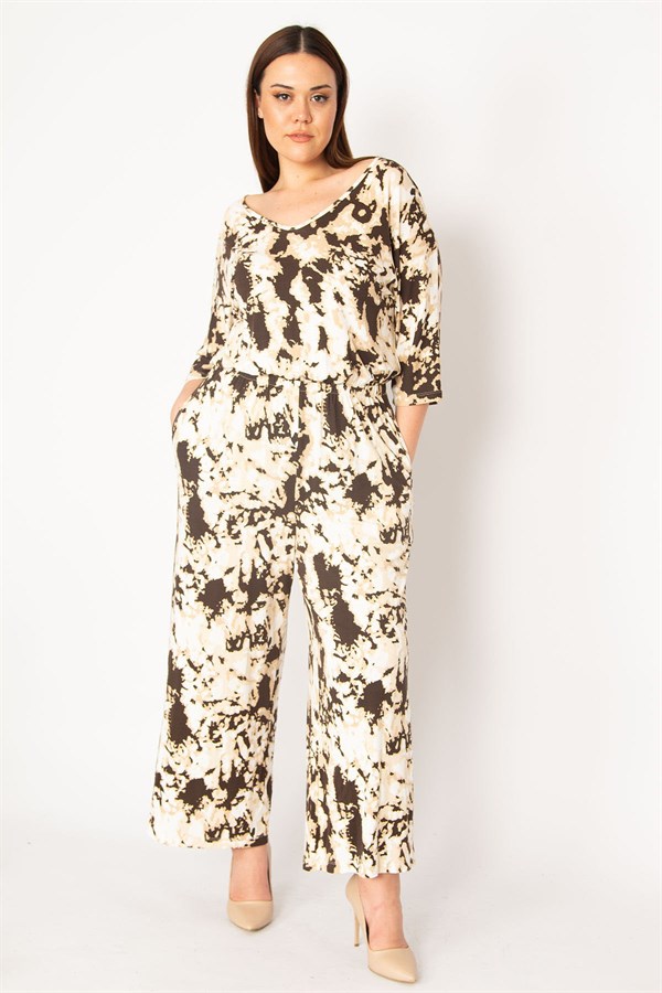 KADIN KAHVE BATİK DESENLİ BEL KISMI LASTİK VE CEP DETAYLI GENİŞ PAÇALI TULUM