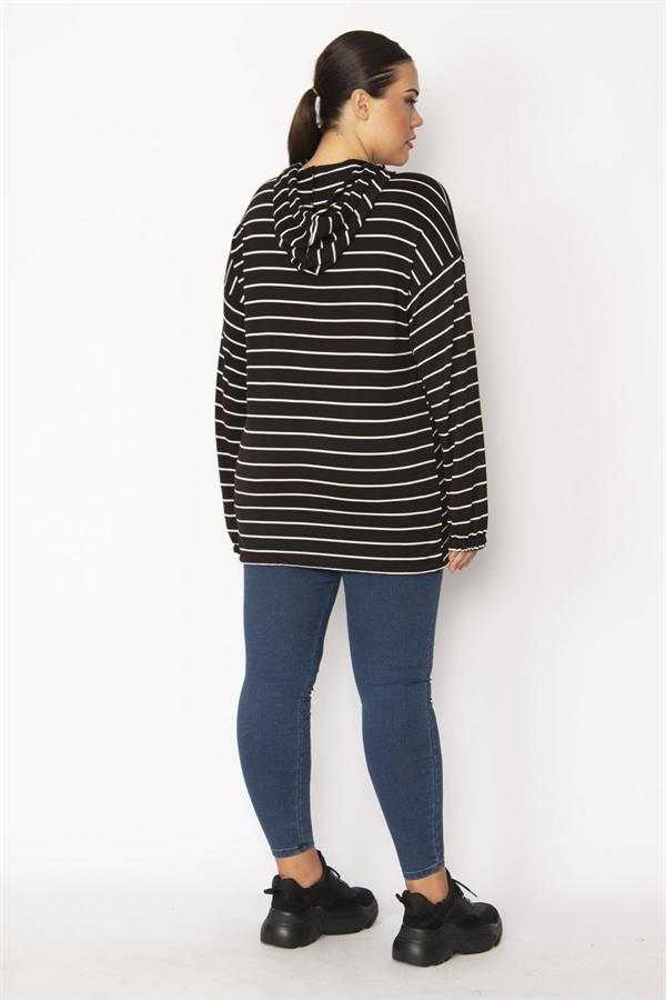 Women's Black Plus Size Front Placket Zippered Eyelet and Lace Detailed Hooded Striped Tunic