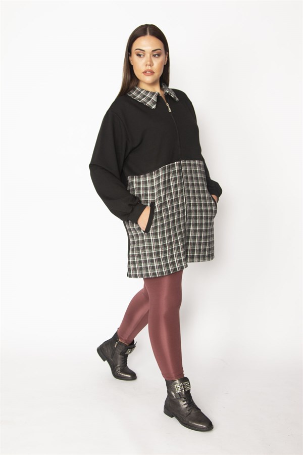 Kadın Bej Ekose Desen Detaylı Fermuarlı Cepli Mont 65N29569