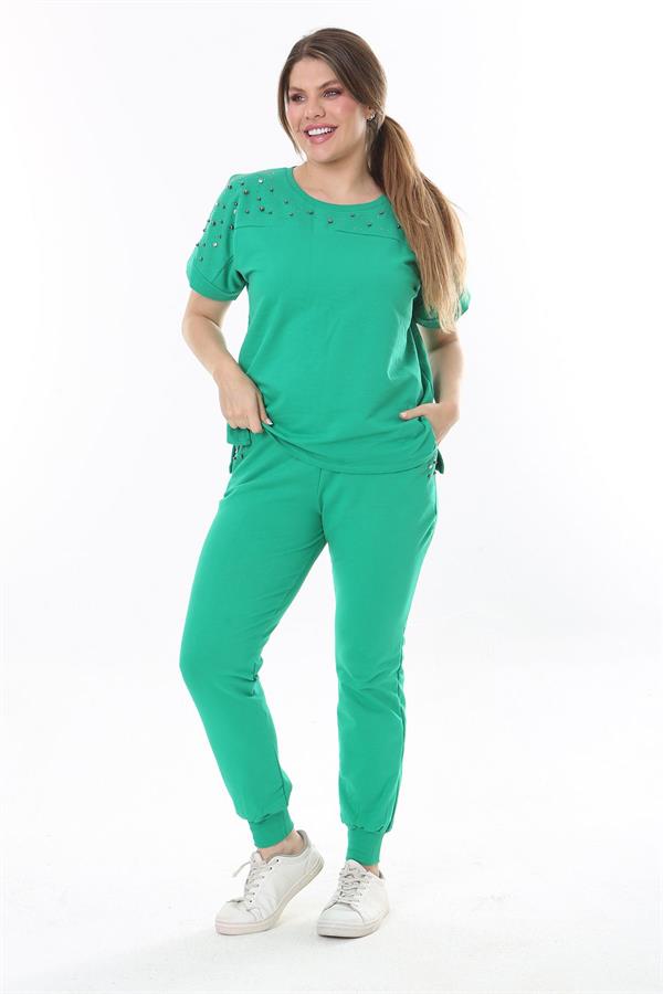 Kadın Büyük Beden Saks Taş Detaylı Kısa Kollu Sweatshirt Pantolon Takım 65N37702
