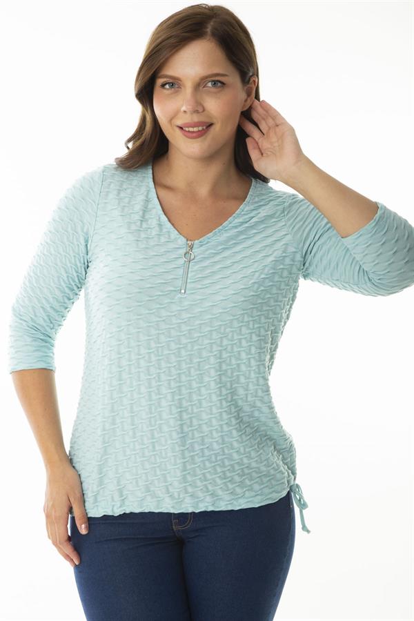 Kadın Büyük Beden Yeşil Ön Patı Fermuarlı Etek Ucu Bağcıklı Gofreli Kumaş Bluz 65N36967