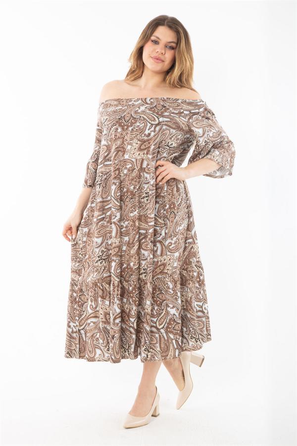 Kadın Büyük Beden Renkli Yaka Lastikli Dokuma Viskon Kumaş Katlı Elbise 65N37349