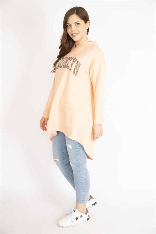 Kadın Somon Büyük Beden Payet Detaylı Kapşonlu Arkası Uzun Sweatshirt