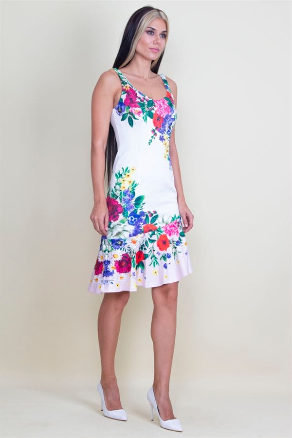 TAŞ DETAYLI ÇİÇEK DESENLİ ELBİSE