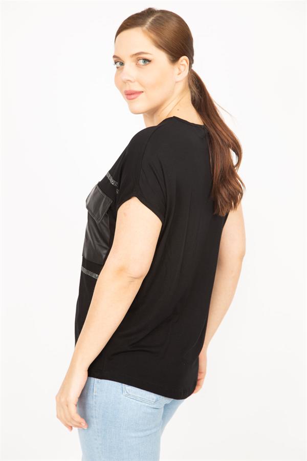 Kadın Siyah Büyük Beden Taş Ve Suni Deri Garnili Düşük Kollu Bluz
