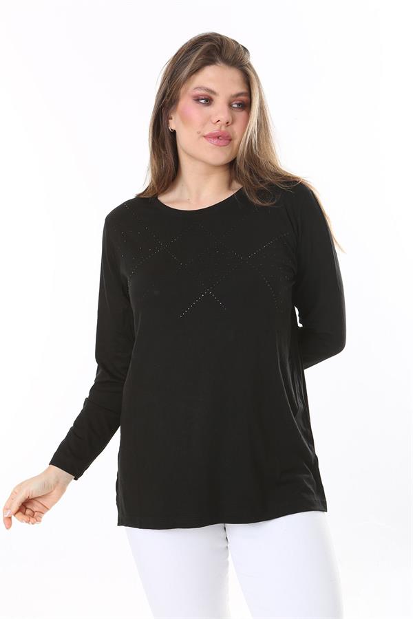 Kadın Büyük Beden Siyah Önü Taş Ve Sırtı Dantel Detaylı Uzun Kollu Bluz 65N37803