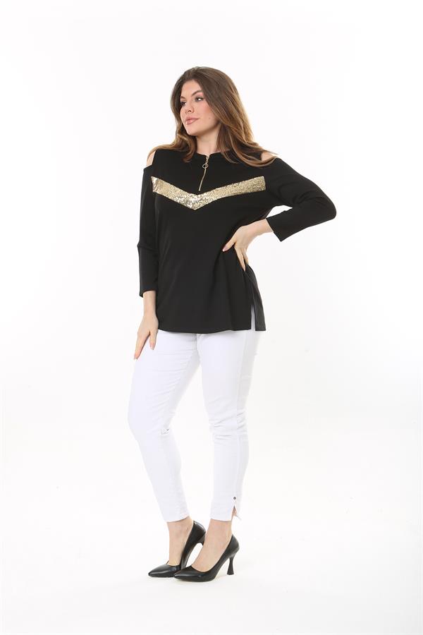Kadın Büyük Beden Siyah Omuz Dekolteli Robası Fermuarlı Payet Detaylı Bluz 65N37509