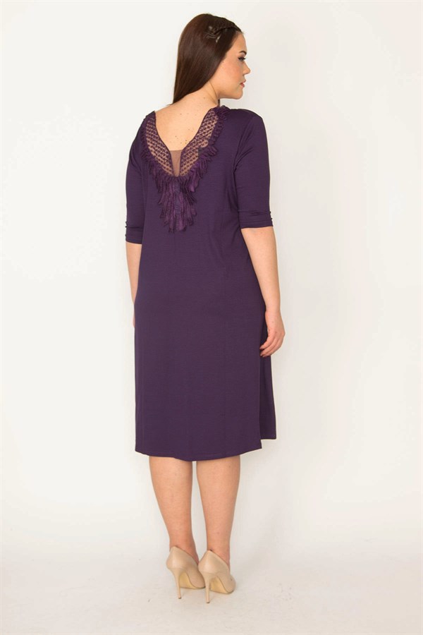 KADIN MOR YAKASI TÜL VE DANTEL DETAYLI ELBİSE