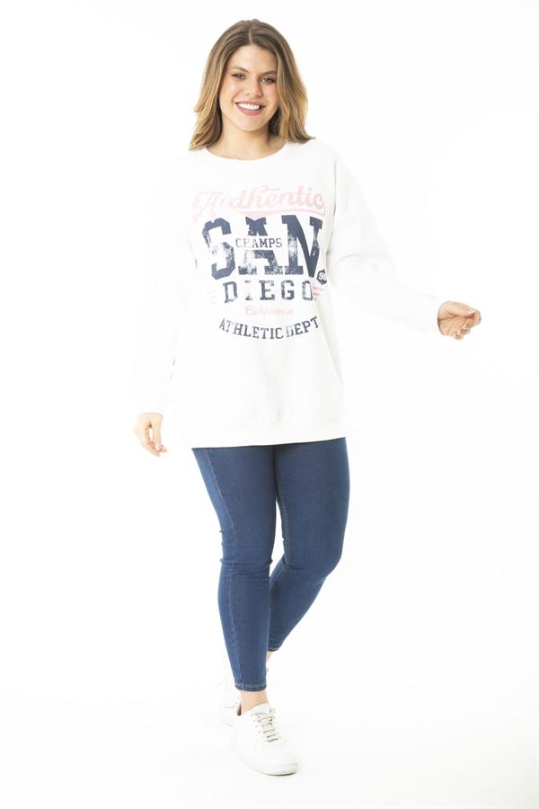 Kadın Büyük Beden Kemik İçi Şardonlu İki İplik Ön Baskılı Sweatshirt 65N37158