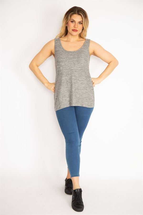 Kadın Gri Yün Viskon Kolsuz Bluz 65N35189