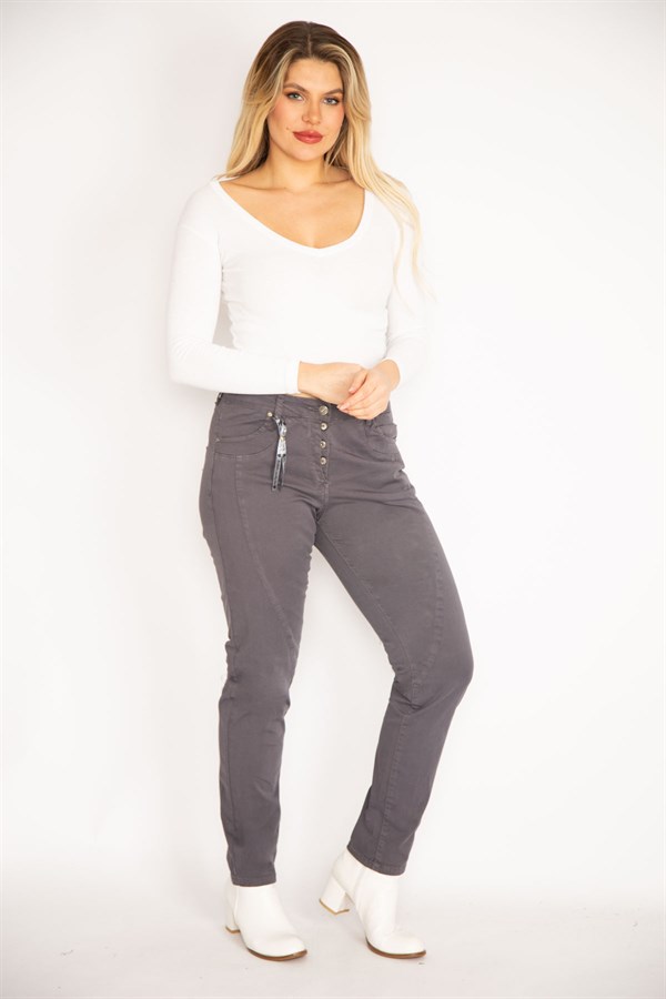 Kadın Füme Likralı Gabardin Kumaş Kup Detaylı Düğmeli Pantolon 65N35262