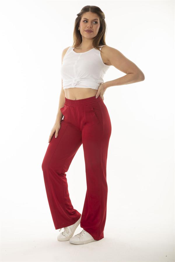 Kadın Büyük Beden Bordo Yan Cepli Beli Lastikli Geniş Paçalı Eşofman Alt 65N37055