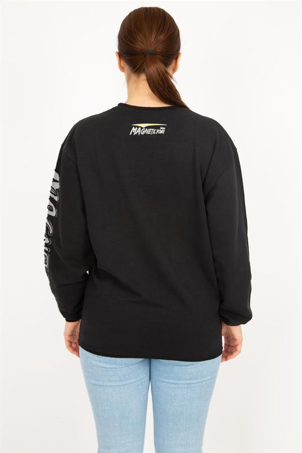 Kadın Siyah Büyük Beden Pamuklu Kumaş Kol Detaylı Sweatshirt