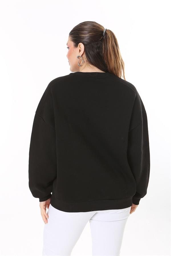 Women's Plus Size Black Embroidered Fabric Sweatshirt 65N37717