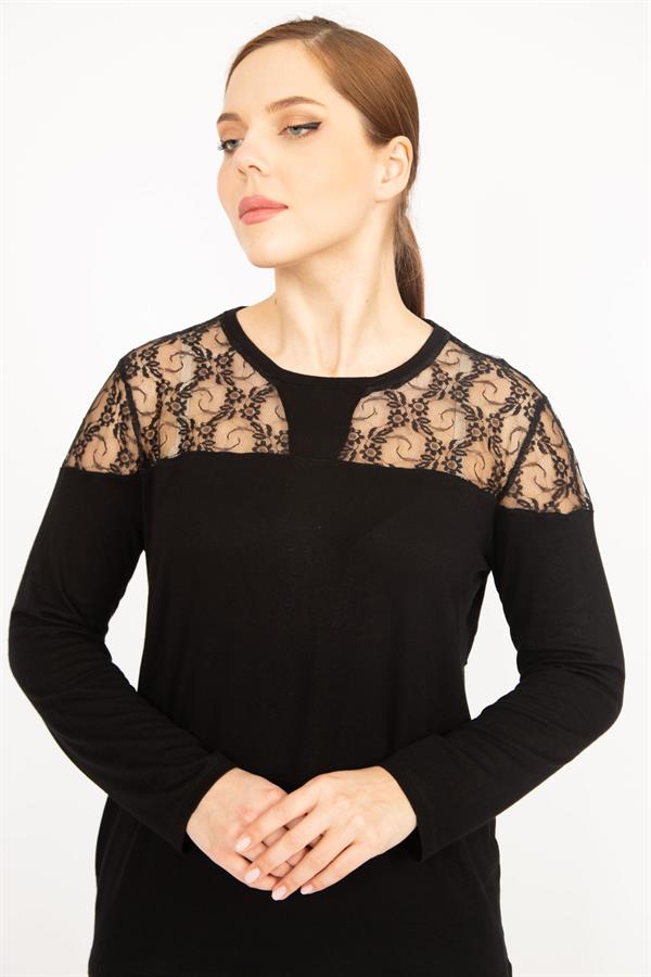 Kadın Siyah Büyük Beden Dantel Garnili Bluz