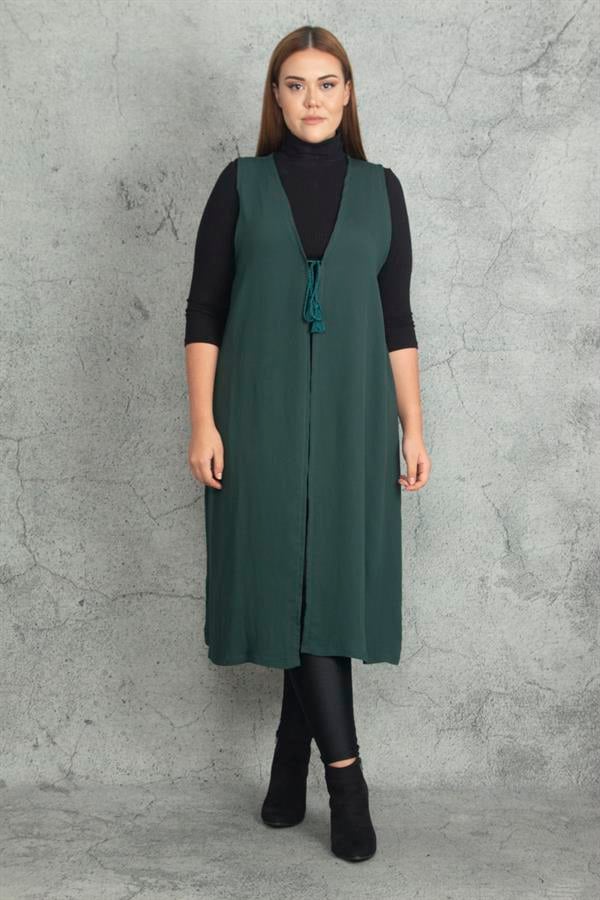 Kadın Gri Önü Bağcık Detaylı Astarsız Uzun Yelek 65N19823