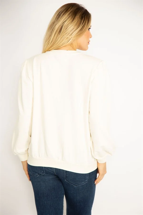 Kadın Kemik 3 İplik Kalın Ön Baskılı Omuz Büzgülü Ribanalı Sweatshirt 65N34846