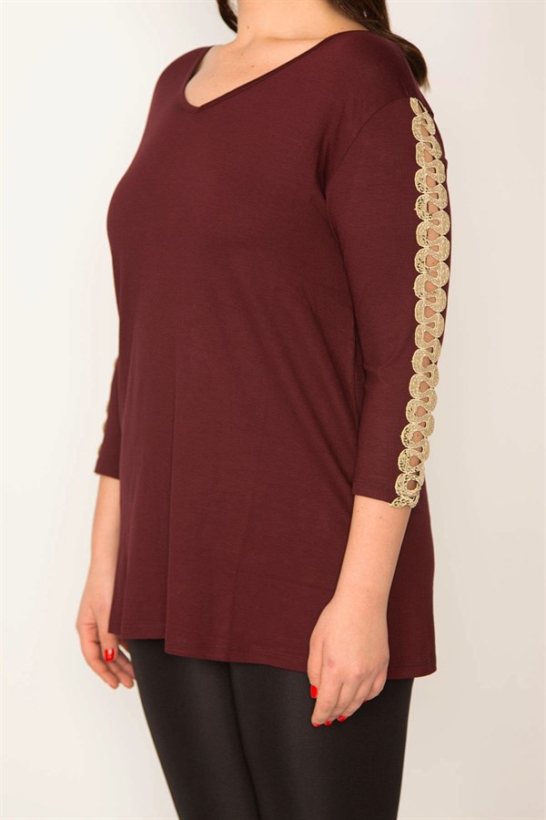 KADIN BORDO KOL DETAYLI V YAKALI BLUZ