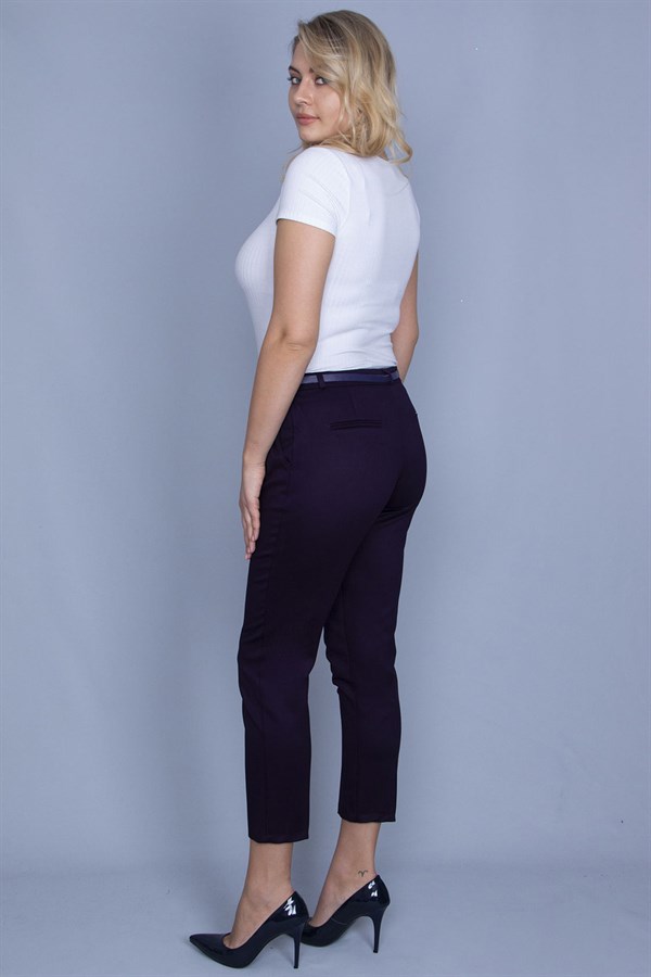 Kadın Bordo Arka Süs Flota Ve Yan Cepli Kemer Aksesuarlı Kumaş Pantolon 65N24040