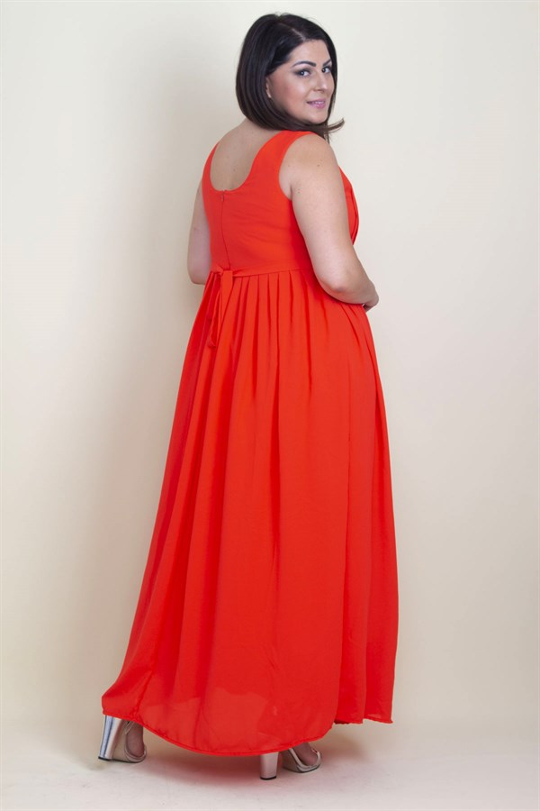 KADIN NAR PİLİSE DETAYLI ASTARLI UZUN KOLSUZ ELBİSE