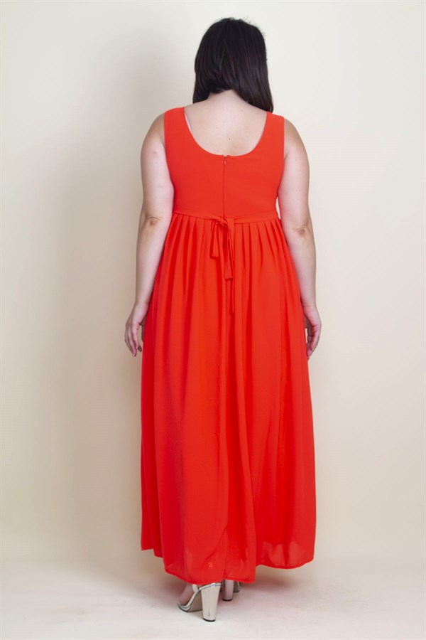 KADIN NAR PİLİSE DETAYLI ASTARLI UZUN KOLSUZ ELBİSE