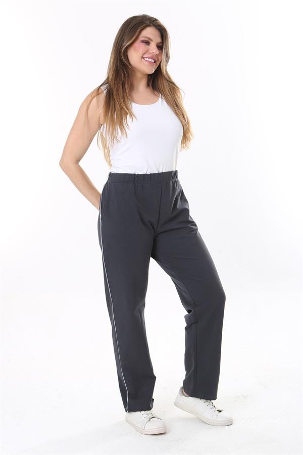 Kadın Büyük Beden Füme Biye Detaylı Yan Cepli Beli Lastikli Eşofman Alt 65N37840