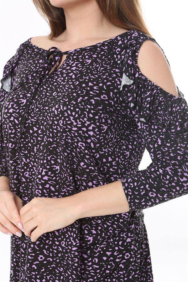 Kadın Büyük Beden Renkli Omuz Dekolte Ve Volan Detaylı Bluz 65N37800