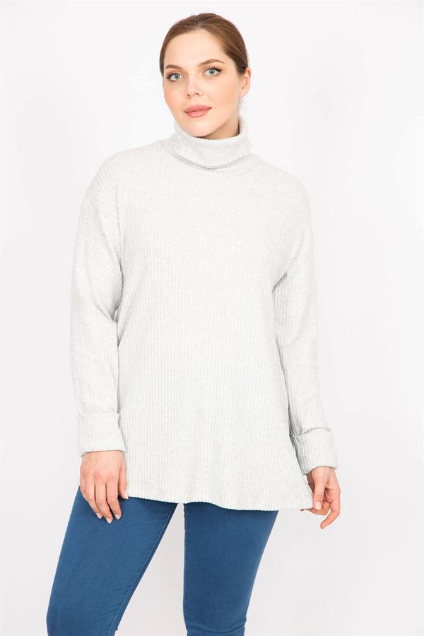 Kadın Gri Büyük Beden Boğazlı Yaka Yumoş Kumaş Kendinden Çizgili Tunik