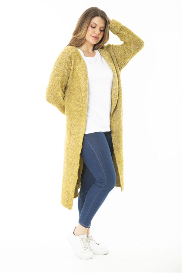 Kadın Büyük Beden Safran Yırtmaçlı Kalın Triko Uzun Hırka 65N37142