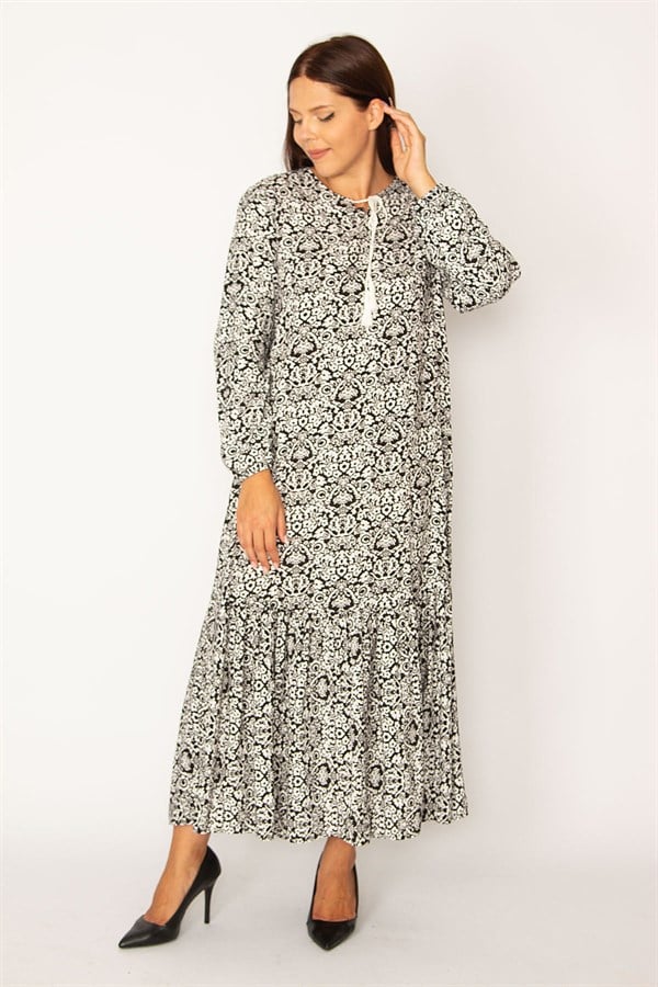 Kadın Siyah Dokuma Viskon Kumaş Etek Ucu Katlı Uzun Kollu Elbise 65N34324