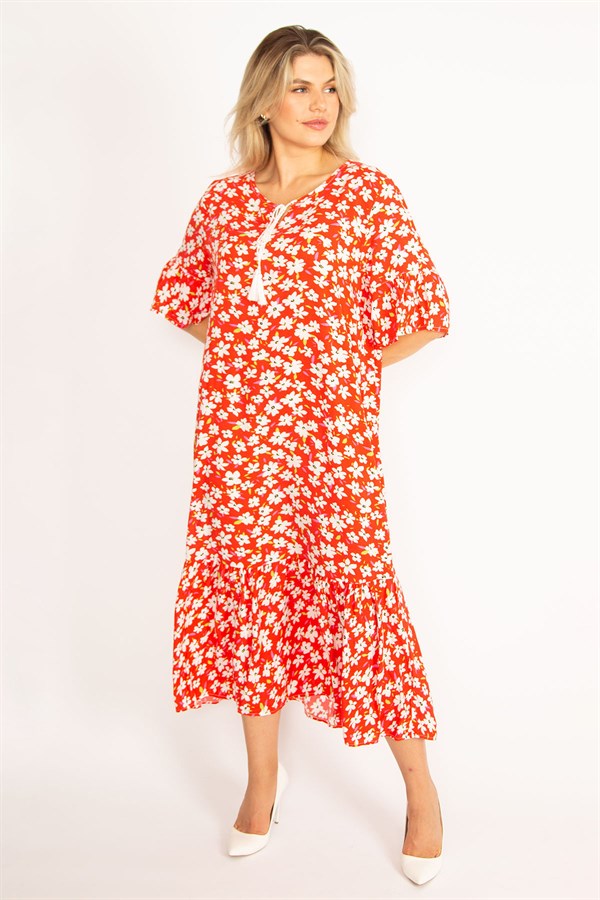 Kadın Kırmızı Dokuma Viskon Kumaş Volan Kollu Etek Ucu Katlı Elbise 65N34435